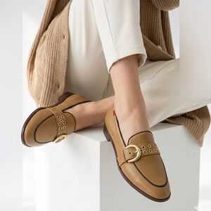 Luxury Loafers Tan Leather Marc Joseph Summit Napa Gold Buckle Women’s Size 10.5